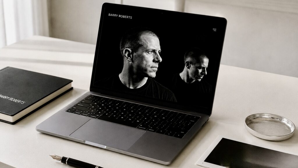 arry Roberts Minimalist desk with monochrome branding