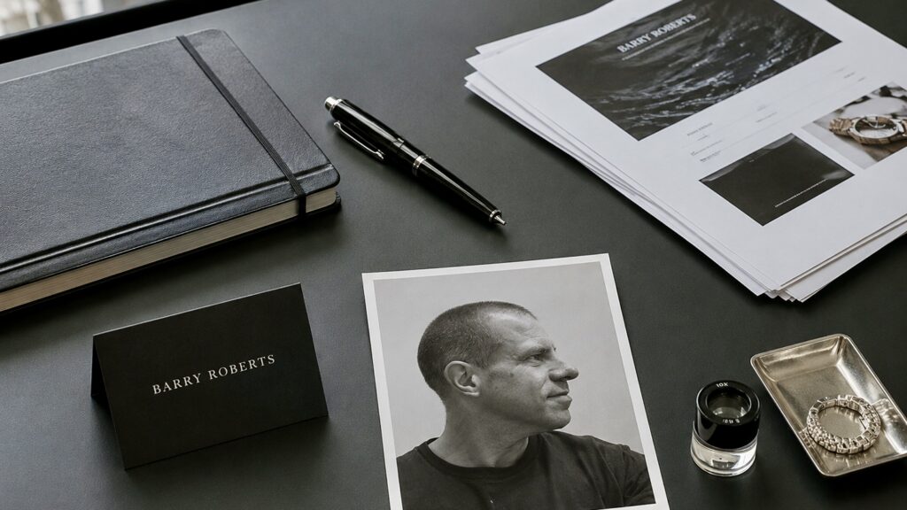 Barry Roberts Minimalist office still life with branding