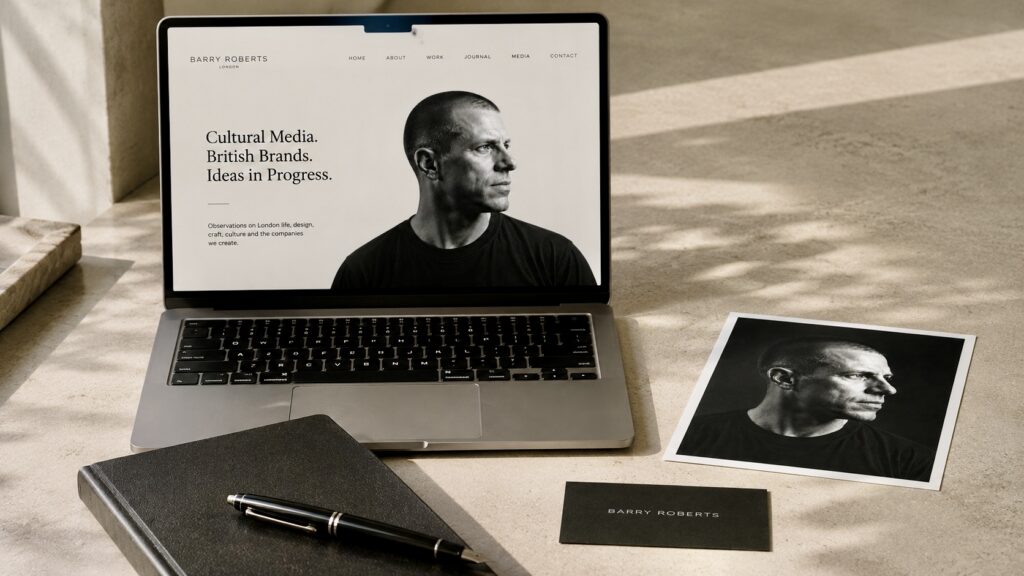Barry Roberts Minimalist workspace with sleek branding