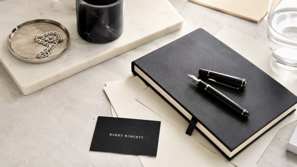 Elegant stationery on neutral tabletop