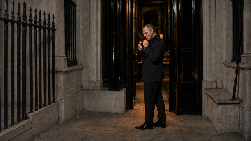 Full-length editorial portrait of Barry Roberts in black evening tailoring outside a London house.