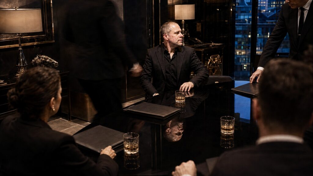 Barry Roberts seated at a black conference table during an evening meeting in London.
