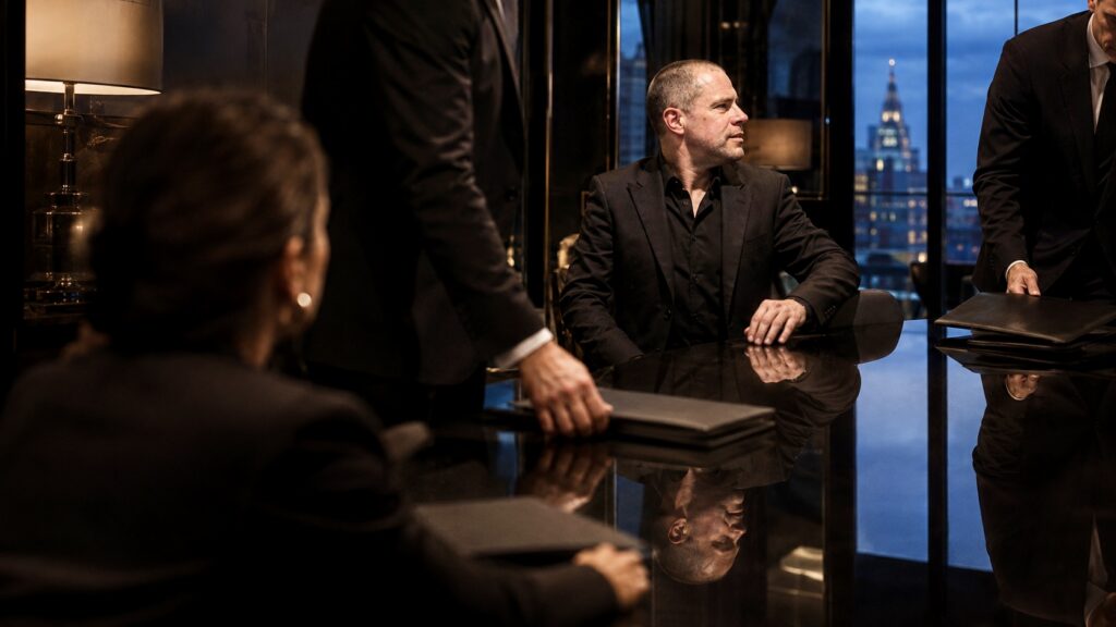 Barry Roberts leading an after-hours meeting in a black-and-ivory London interior.