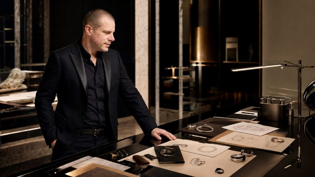 Barry Roberts beside a black design table