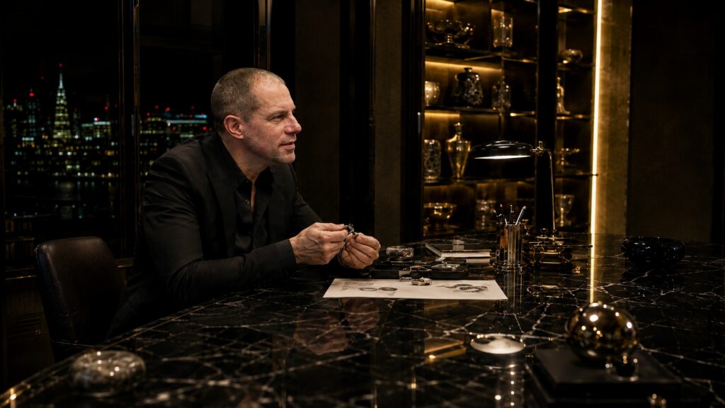 Barry Roberts Three-quarter portrait at a glossy London desk